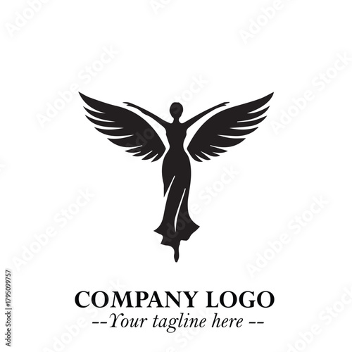 Elegant Black Angel Woman Silhouette Logo Symbol on White Background