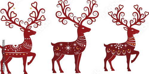 Set of three ornate Christmas reindeer vector illustrations. Festive decorated deer with heart-shaped antlers and intricate patterns for holiday design