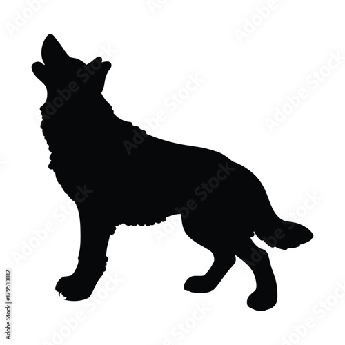 A detailed black silhouette of a wild wolf howling toward the sky on a clean white background