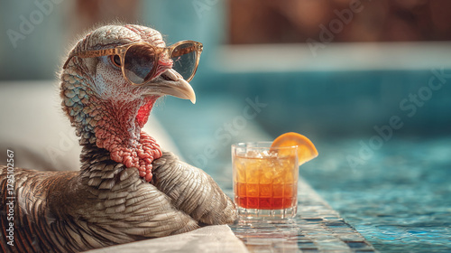 A turkey wearing sunglasses relaxing by the pool with a cocktail on a sunny day in the summer heat