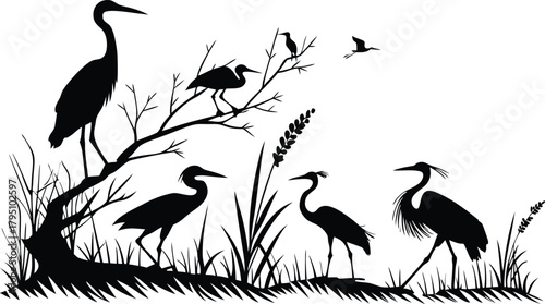 Elegant silhouette featuring a flock of herons amidst reeds, a timeless symbol of nature's grace suitable for diverse creative projects