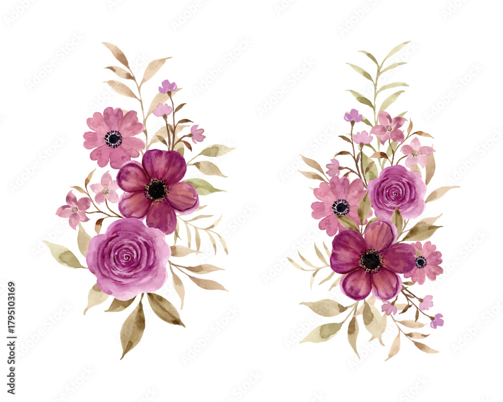 Fototapeta premium Watercolor plum floral bouquet collection