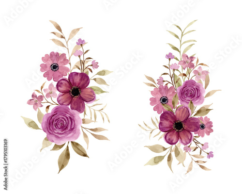 Watercolor plum floral bouquet collection
