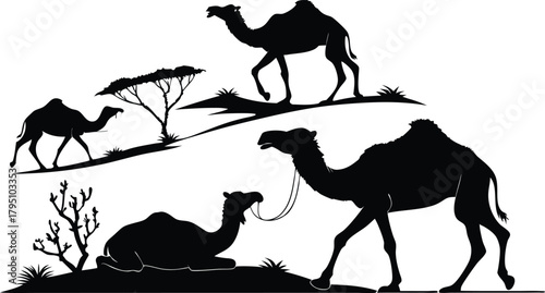 Stunning vector scene of camels in silhouette crossing the desert landscape, perfect for travel, adventure, or nature themed designs and branding