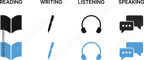 Language skill icon set. Reading, Writing, Listening, Speaking icons. Language Status sign
