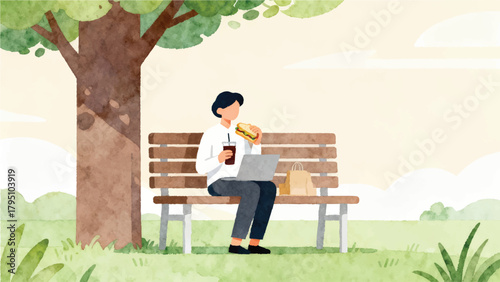Man Enjoying Lunch in Park with Laptop