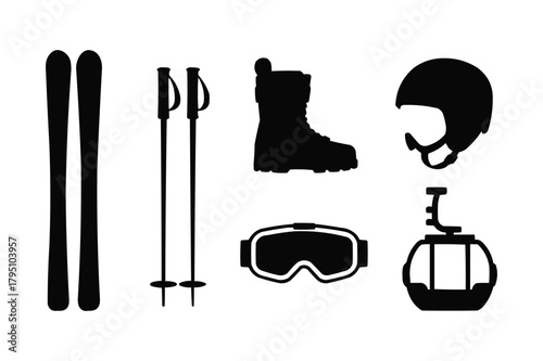Winter sports equipment silhouettes for skiing and snowboarding