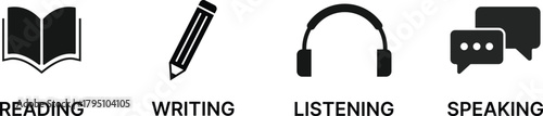 Reading, Writing, Listening, Speaking Language Skill icon Set. Language Learning symbols. Speaking & Listening, Reading & Writing Skill Status Icons