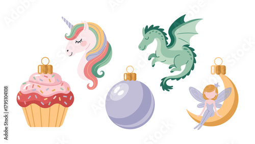 Enchanted Ornaments: A whimsical collection of Christmas ornaments, including a unicorn, dragon, fairy, and cupcake, evokes feelings of wonder and magic, perfect for the holiday season.