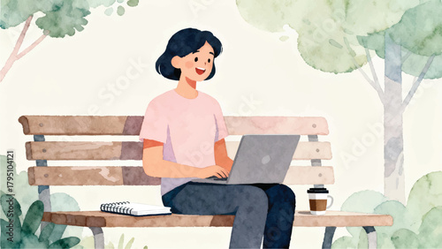 Woman Working on Laptop in Park Bench - Watercolor Illustration