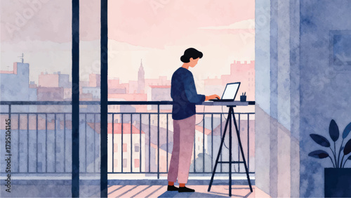 Two Individuals Collaborating on a Computer in Watercolor Style