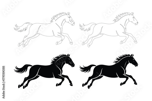 Two black silhouette horses galloping side by side