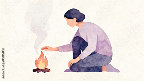 Cozy Campfire with Person Warming Hands - Watercolor Illustration