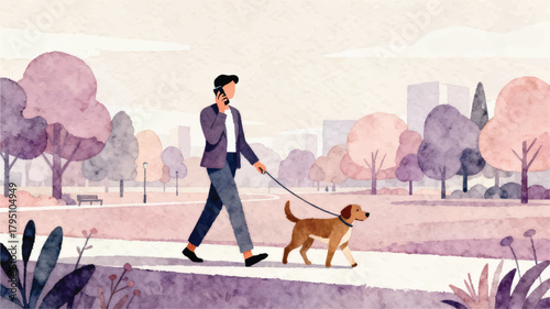 Man Walking Dog in Park While Talking on Phone - Watercolor Illustration