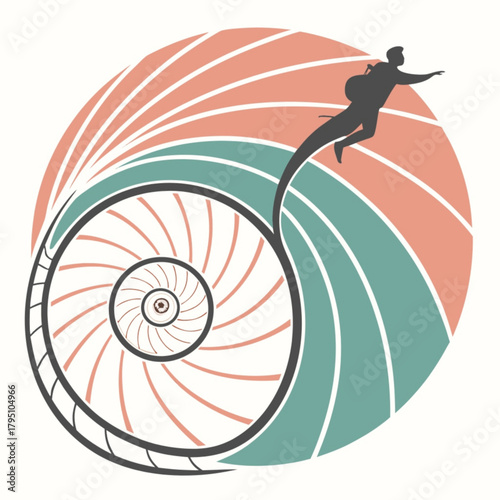 Minimilist silhouette of a person jumping from a nautilus shell with swirling pink and green background design vector