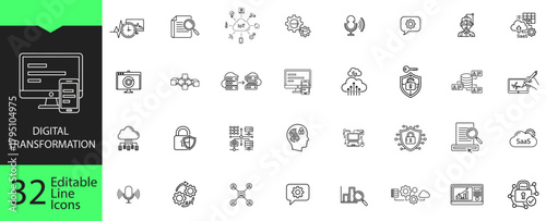 Digital transformation line icon set. 35 editable outline symbols for IoT, cloud computing, SaaS, big data, cybersecurity, and AI technology.