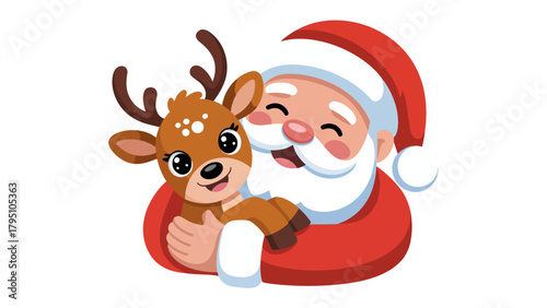 Santa Claus and Deer: A heartwarming depiction of Santa Claus tenderly embracing a cute reindeer, evoking the joy and magic of the festive season.