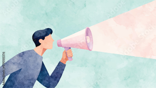 Man with Megaphone Making Announcement - Watercolor Illustration