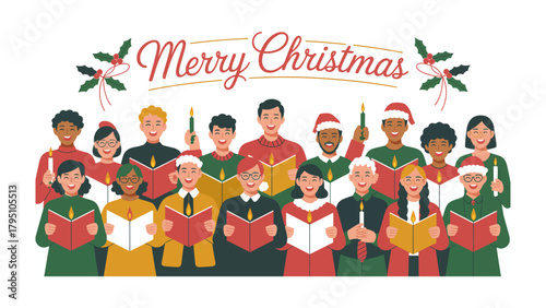 Joyous Christmas Carolers: A harmonious chorus of carolers, representing diverse cultures and ages, unite in a joyful rendition of Christmas carols.