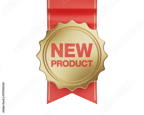 New product launch announcement promotion offer sale badge ribbon golden design marketing advertisement on transparent background
