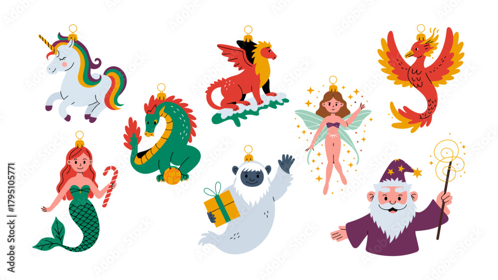 Naklejka premium Magical Christmas Ornaments: A collection of fantastical creatures, including a unicorn, dragon, mermaid and wizard, ready to bring festive cheer and enchantment to the holidays.