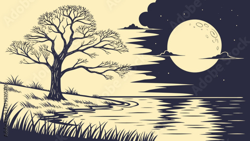 Minimilist illustration of a bare tree near water under a full moon with clouds and stars at night landscape scene vector