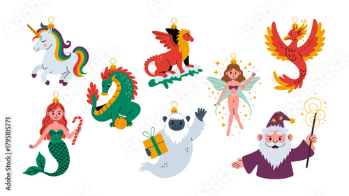 Magical Christmas Ornaments: A collection of fantastical creatures, including a unicorn, dragon, mermaid and wizard, ready to bring festive cheer and enchantment to the holidays.