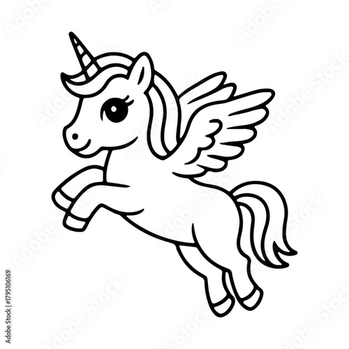 Winged unicorn jumps joyfully in a whimsical scene filled with magic and wonder