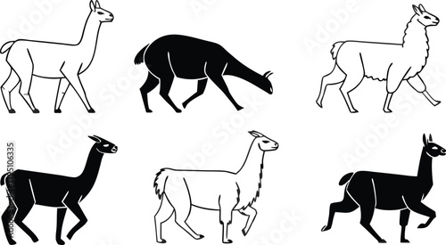 Elegant llama silhouettes parade, majestic alpaca herd in graceful motion, a serene wildlife scene evoking South American landscapes and cultural heritage