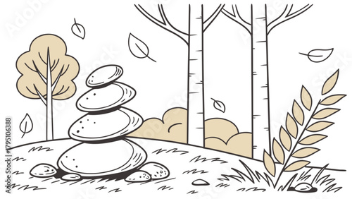 Minimilist illustration of a balanced rock stack in a forest with trees and falling leaves in autumn scene vector