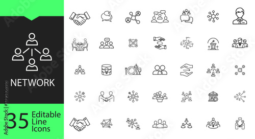 Network and business line icon set. 35 editable outline symbols for partnership, communication, teamwork, connection, and social interaction.
