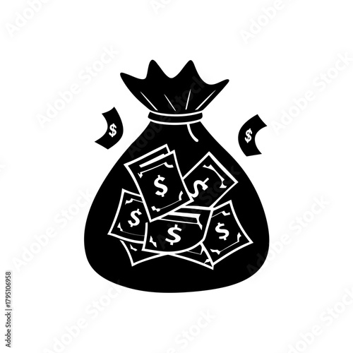 Money bag full of cash on transparent background