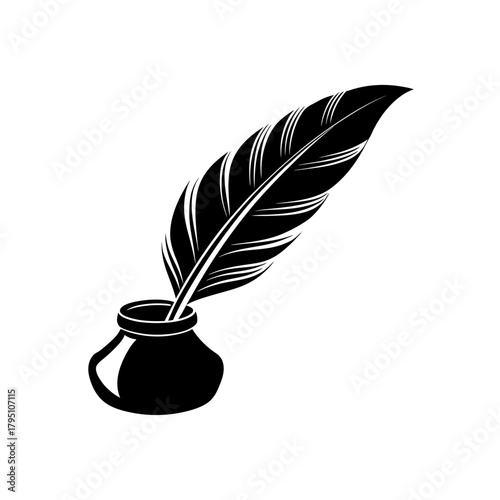 Inkwell with feather on transparent background