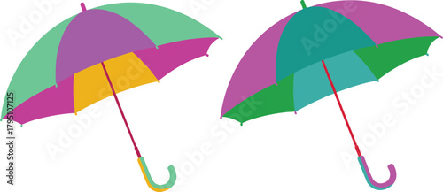 Bright yellow and teal umbrellas isolated on clean background, minimalist flat style illustration showing colorful umbrellas for weather protection and design themes