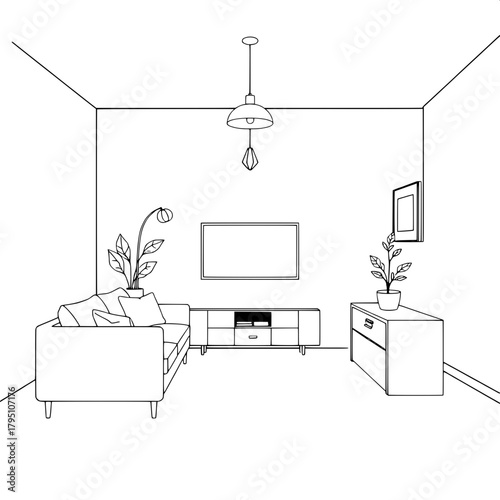 “A graphic, front-view black-and-white illustration of a modern living room. Left side sofa, central TV, elegant pendant lights, right-side storage table topped with a plant, and simple framed picture