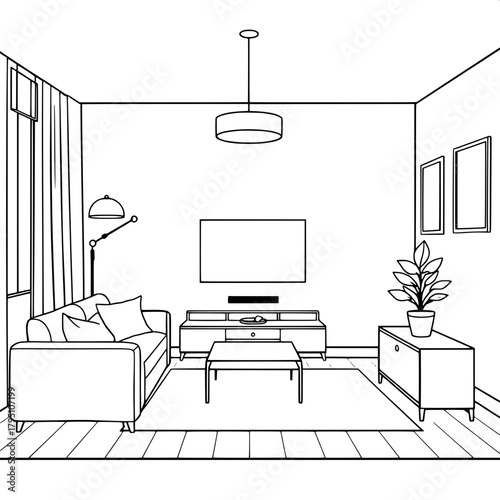 “A graphic, front-view black-and-white illustration of a modern living room. Left side sofa, central TV, elegant pendant lights, right-side storage table topped with a plant, and simple framed picture