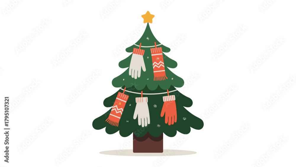 Naklejka premium Festive Tree Adornments: A charming illustration captures the holiday spirit, with a decorated christmas tree and hanging mittens, representing warmth and winter.