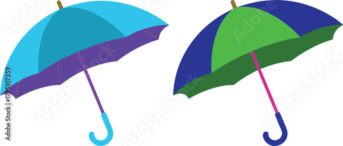 Bright yellow and teal umbrellas isolated on clean background, minimalist flat style illustration showing colorful umbrellas for weather protection and design themes