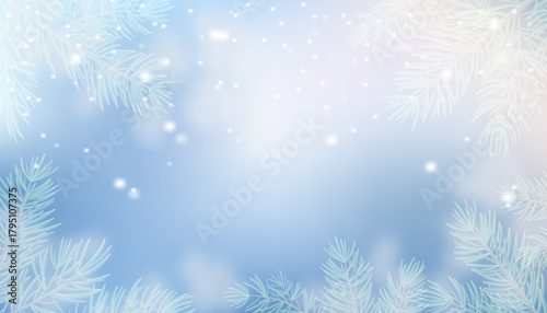A blue winter sky with falling fluffy snowflakes and fir tree branches. A deblurred Christmas vector background with soft light effects for holiday wallpapers, posters, banners, and greeting cards.