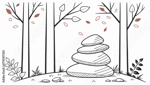 Minimilist stacked stones in a forest clearing with falling leaves and sketched trees in a simple illustration vector