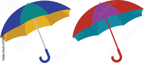 Bright yellow and teal umbrellas isolated on clean background, minimalist flat style illustration showing colorful umbrellas for weather protection and design themes