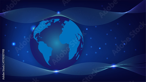 Abstract digital Earth with glowing blue wave lines and light particles, representing global connectivity, technology and modern communication
