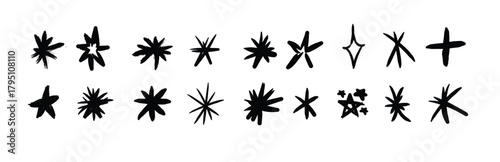 hand drawn stars set. doodle sparks collection. Grunge rough brush stroke shine element pack for collage, poster, sticker.