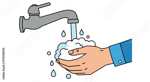 Hand washing with soap and water from a faucet with foam and droplets vector illustration on transparent background