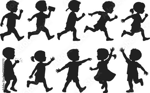 Playful children silhouettes running, walking, drinking, shouting, dancing, joyful kids in motion, vector illustration set, sports activity, childhood energy