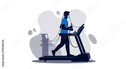 Person wearing a mask exercising on a treadmill with medical equipment attached exercise fitness on transparent background