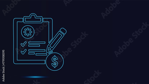 Blue Neon Outline Vector Graphic Showing Healthcare Financial Planning Clipboard Document With Checkmarks Pencil And Dollar Sign Coin Icon On A Dark Background Representing Medical Insurance