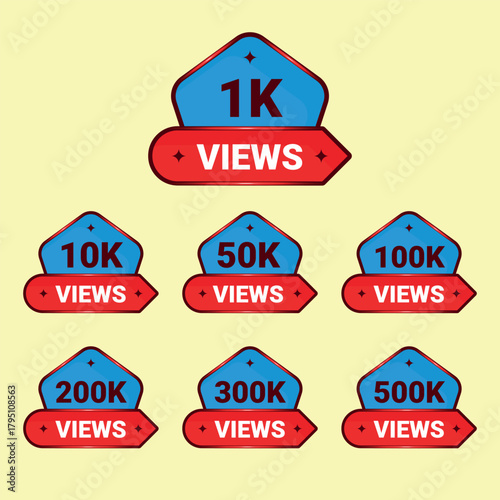 Set of views stickers, labels, and tags for video promotion and retail signs