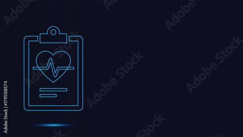 Futuristic Neon Blue Medical Record Icon Showing Healthy Heartbeat Rhythm On A Clipboard Document Displaying Cardiovascular Health Data And Patient Information On A Dark Digital Background
