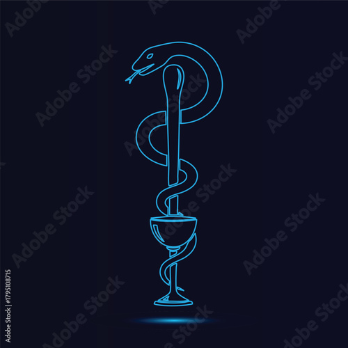 Modern Glowing Blue Outline Vector Illustration of the Pharmacy Symbol Featuring the Bowl of Hygieia and Asclepius Snake Staff Icon for Medical and Pharmaceutical Design